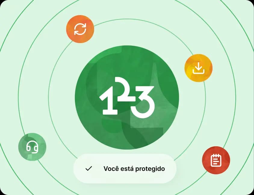 Grande logotipo 123 cercado por ícones: recarregar, baixar, fones de ouvido e bloco de notas.